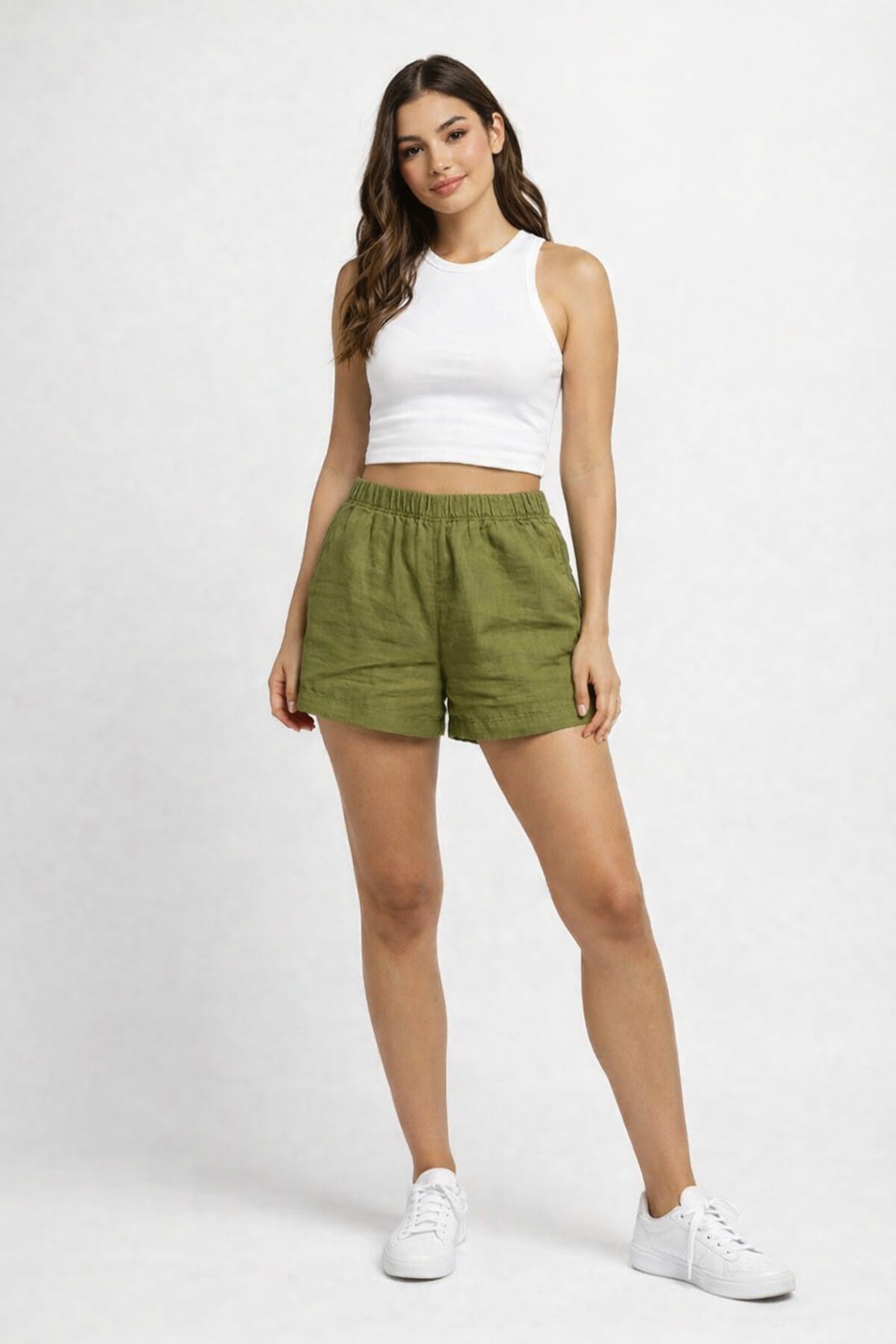 Green Cotton Blend Shorts | Elastic Waist Casual Shorts with Side Pockets
