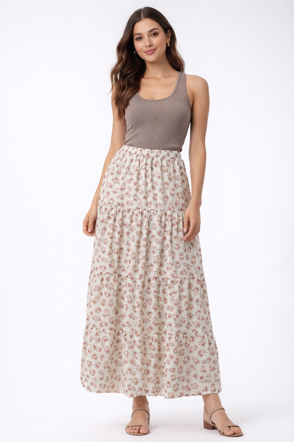 Cream & Red Floral Printed Maxi Skirt | High Waist Tiered Polyester Skirt | Casual Summer Wear