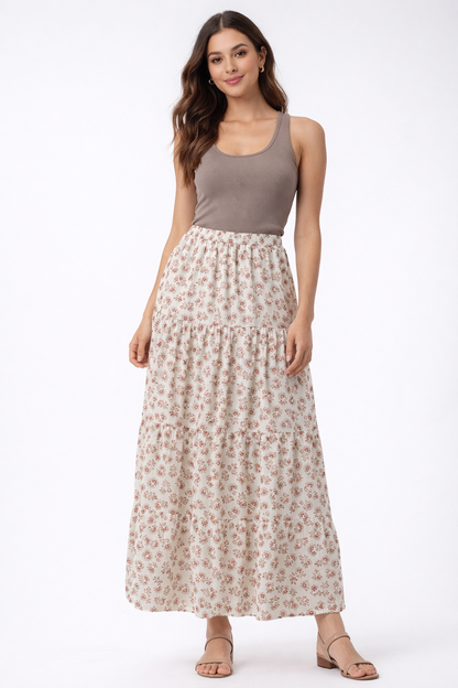 Cream & Red Floral Printed Maxi Skirt | High Waist Tiered Polyester Skirt | Casual Summer Wear