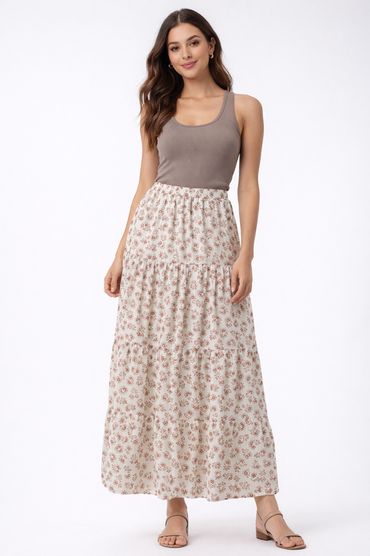Cream & Red Floral Printed Maxi Skirt | High Waist Tiered Polyester Skirt | Casual Summer Wear