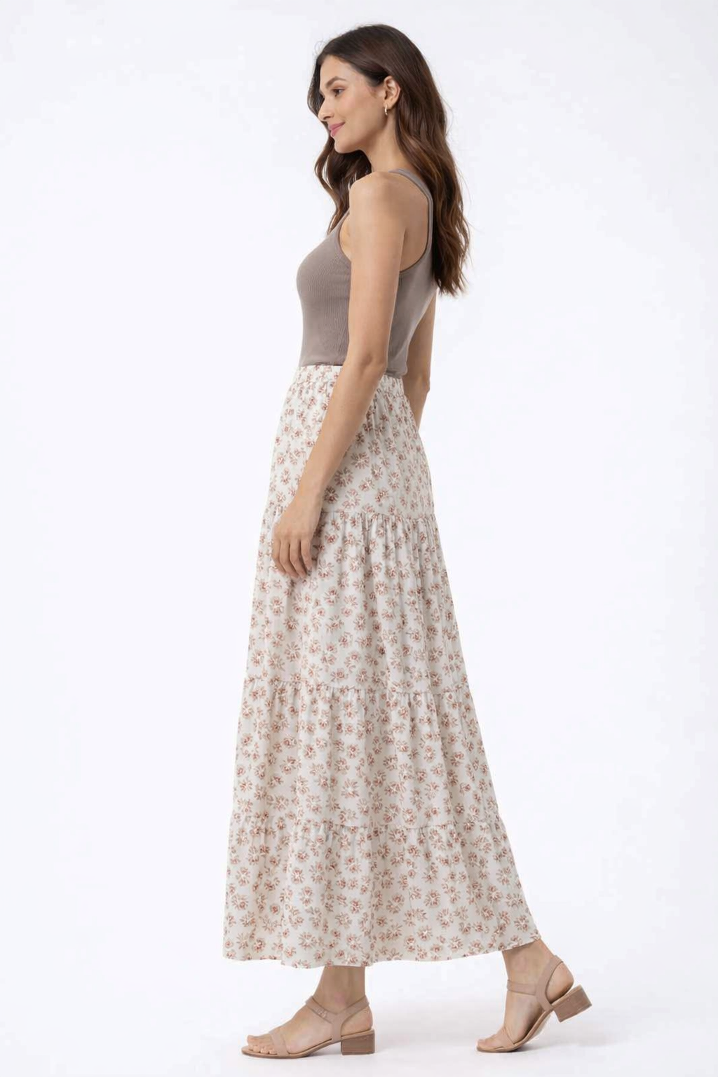 Cream & Red Floral Printed Maxi Skirt | High Waist Tiered Polyester Skirt | Casual Summer Wear