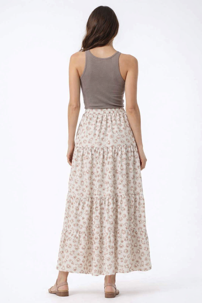 Cream & Red Floral Printed Maxi Skirt | High Waist Tiered Polyester Skirt | Casual Summer Wear