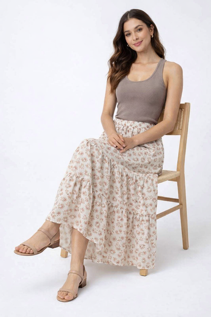 Cream & Red Floral Printed Maxi Skirt | High Waist Tiered Polyester Skirt | Casual Summer Wear