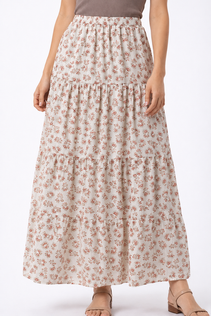 Cream & Red Floral Printed Maxi Skirt | High Waist Tiered Polyester Skirt | Casual Summer Wear