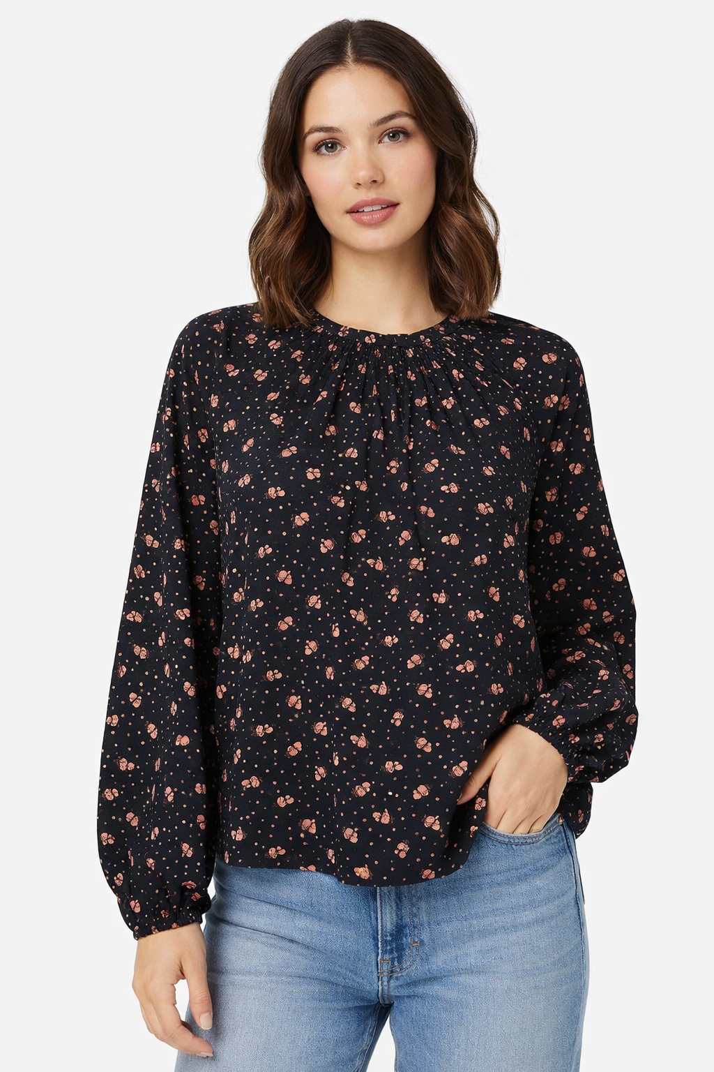 Black Printed Polyester Top | Balloon Sleeve Loose Fit Casual Blouse