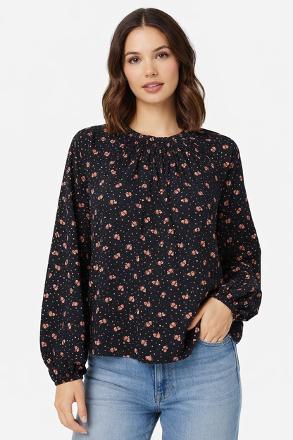 Black Printed Polyester Top | Balloon Sleeve Loose Fit Casual Blouse