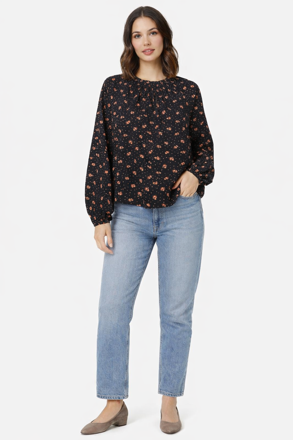 Black Printed Polyester Top | Balloon Sleeve Loose Fit Casual Blouse