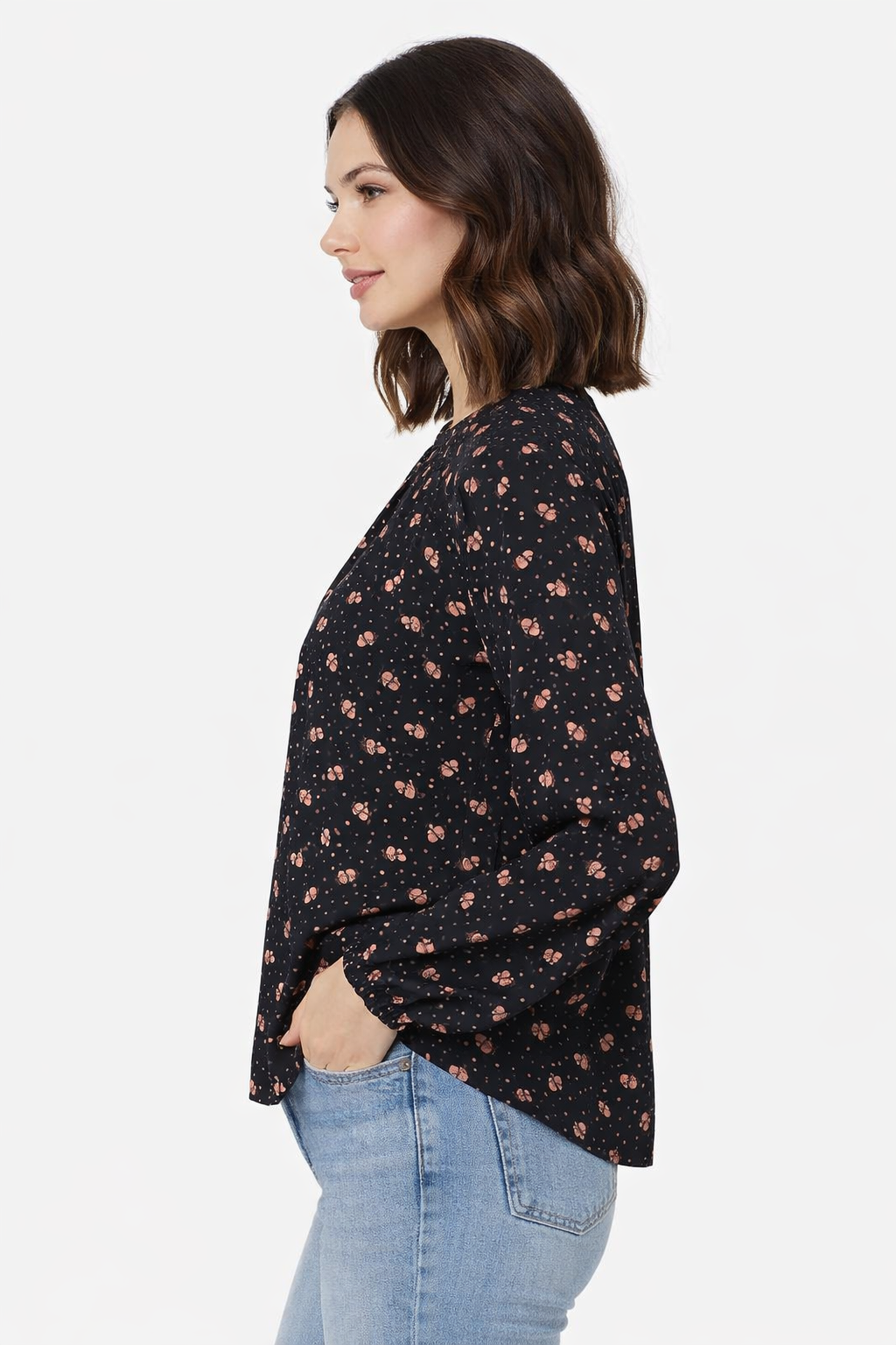 Black Printed Polyester Top | Balloon Sleeve Loose Fit Casual Blouse