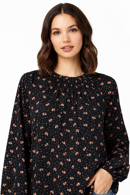 Black Printed Polyester Top | Balloon Sleeve Loose Fit Casual Blouse