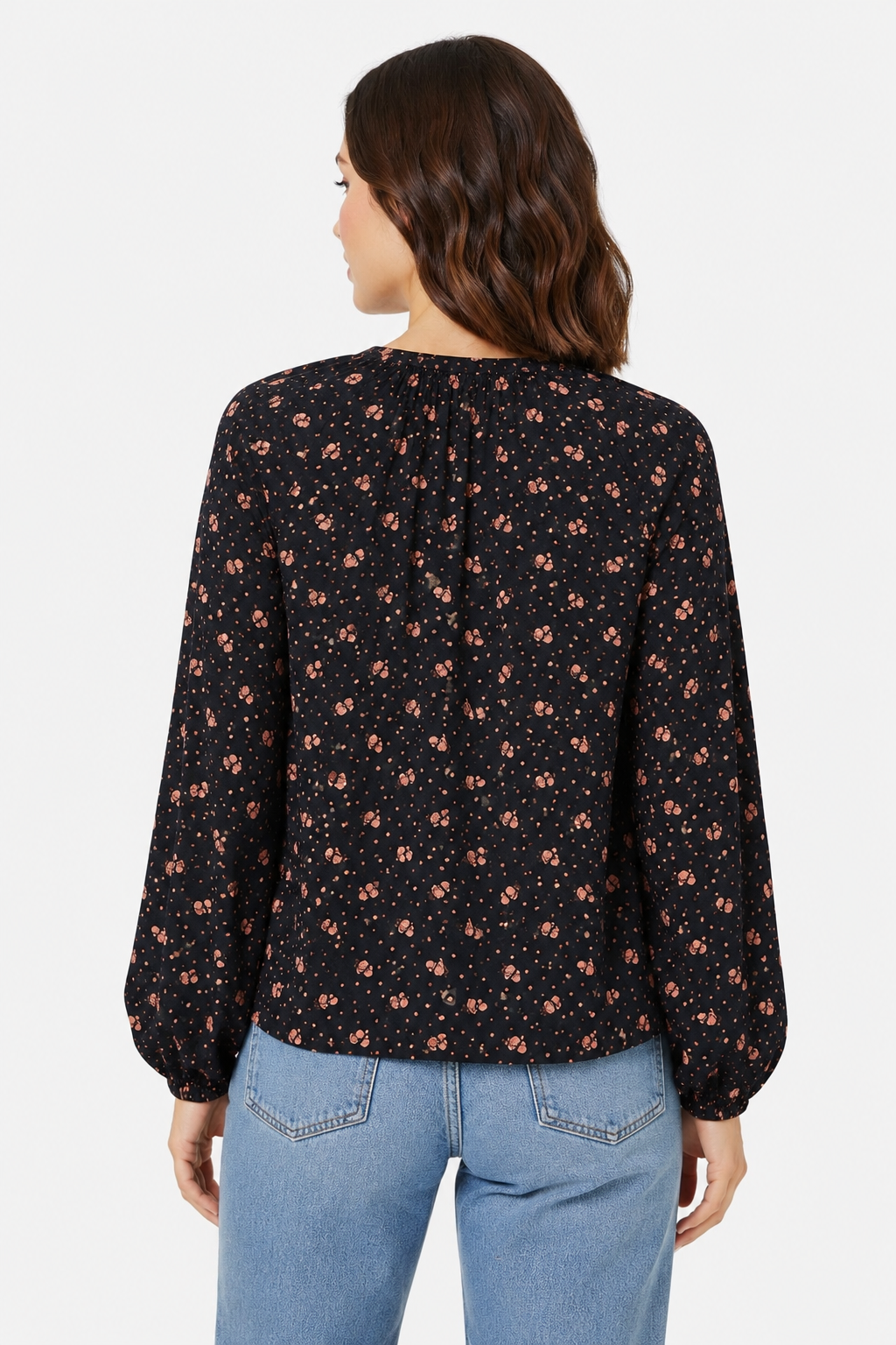 Black Printed Polyester Top | Balloon Sleeve Loose Fit Casual Blouse