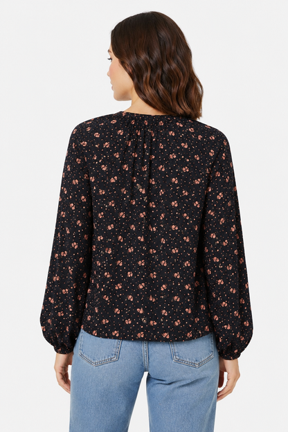 Black Printed Polyester Top | Balloon Sleeve Loose Fit Casual Blouse