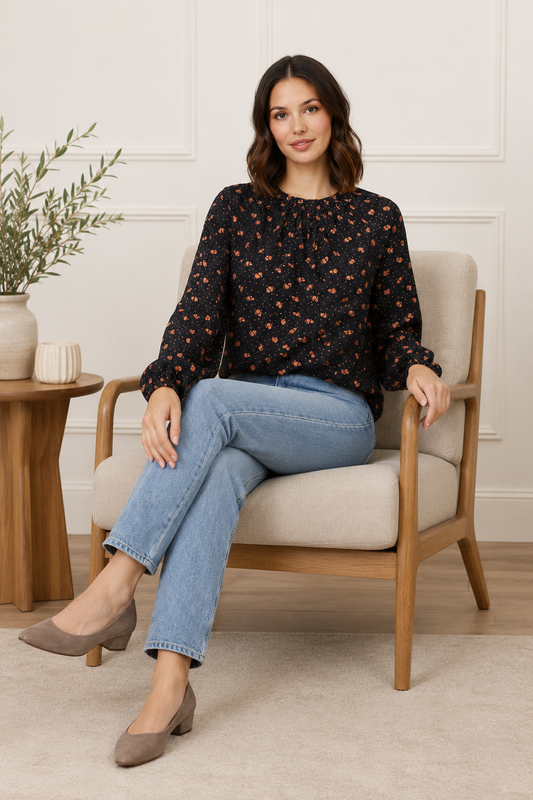 Black Printed Polyester Top | Balloon Sleeve Loose Fit Casual Blouse