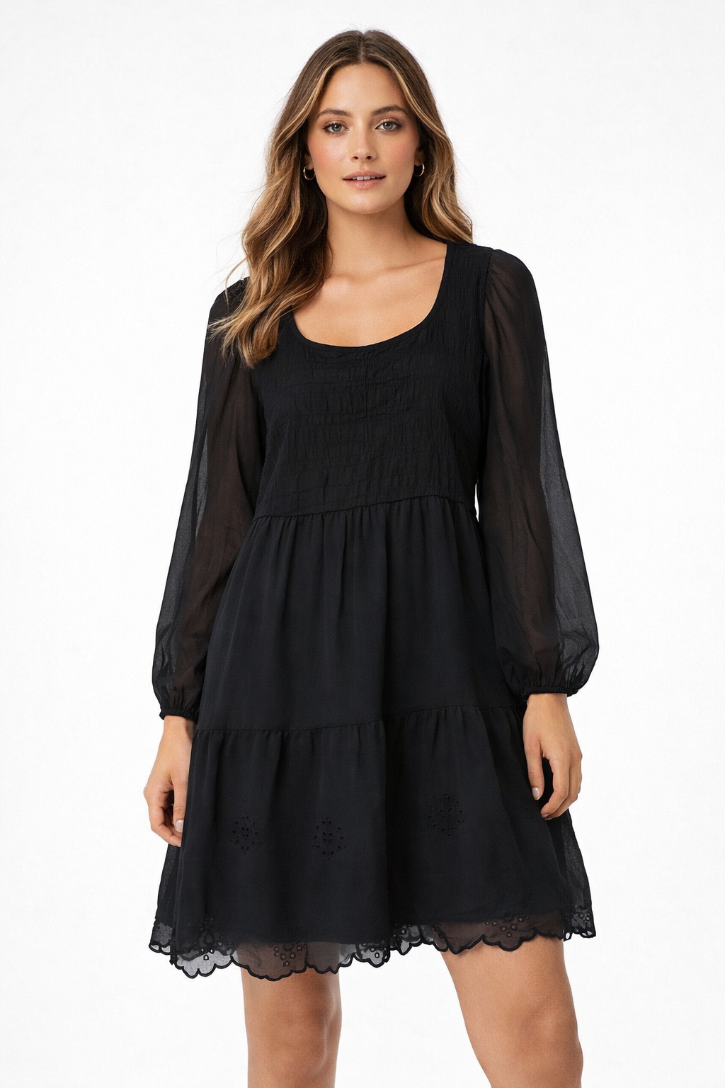 Black Chiffon Tiered Mini Dress with Sheer Sleeves & Inner (Stretchable Upper)