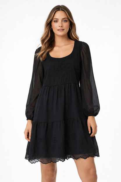 Black Chiffon Tiered Mini Dress with Sheer Sleeves & Inner (Stretchable Upper)