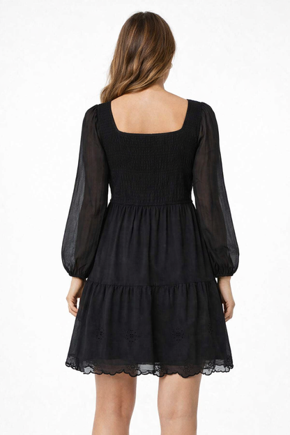 Black Chiffon Tiered Mini Dress with Sheer Sleeves & Inner (Stretchable Upper)