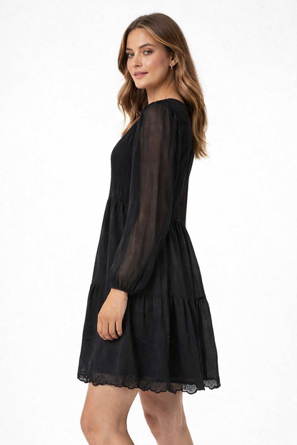 Black Chiffon Tiered Mini Dress with Sheer Sleeves & Inner (Stretchable Upper)