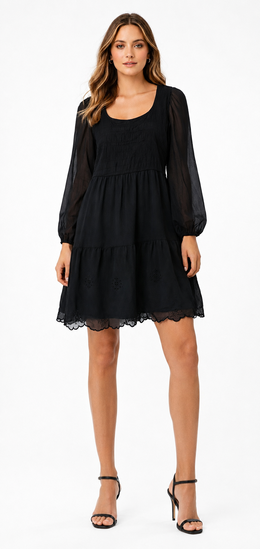 Black Chiffon Tiered Mini Dress with Sheer Sleeves & Inner (Stretchable Upper)