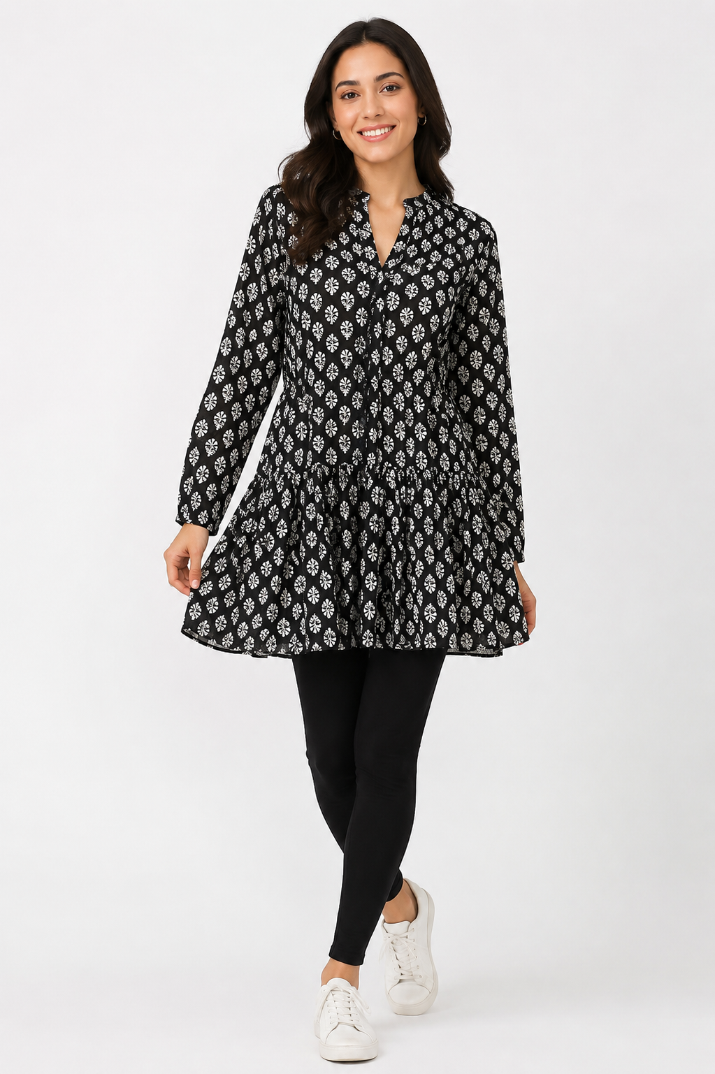 Black Printed Cotton A-Line Tunic Dress (Loose Fit)