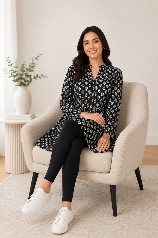 Black Printed Cotton A-Line Tunic Dress (Loose Fit)