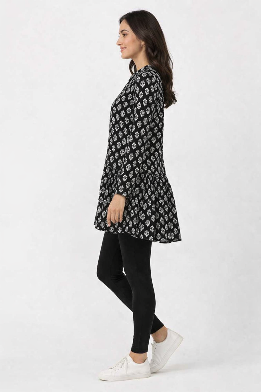 Black Printed Cotton A-Line Tunic Dress (Loose Fit)
