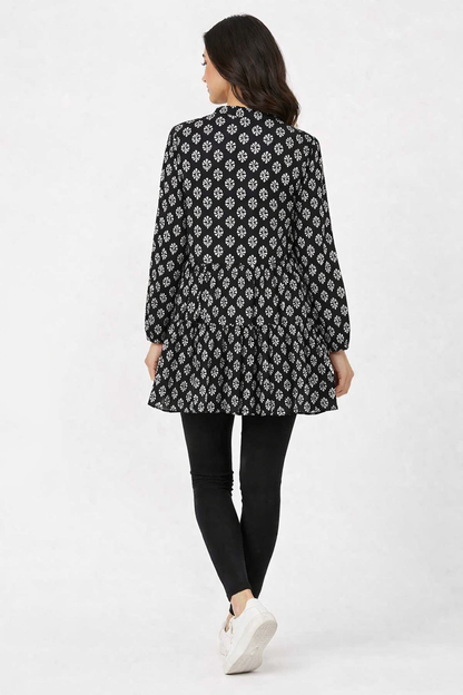 Black Printed Cotton A-Line Tunic Dress (Loose Fit)