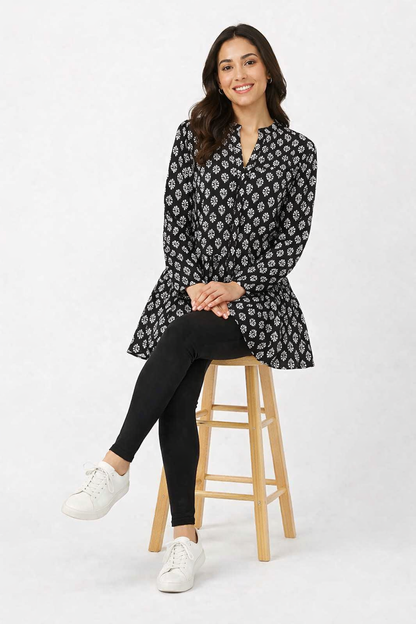 Black Printed Cotton A-Line Tunic Dress (Loose Fit)