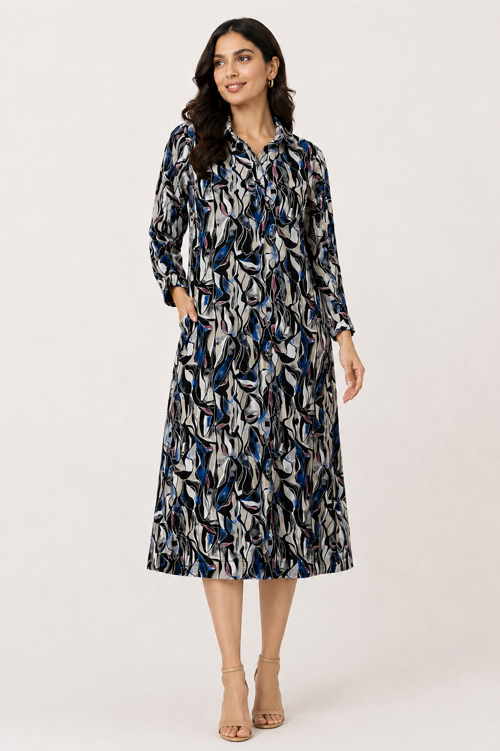 Multi Colour Printed Midi Shirt Dress with Pockets (100% Viscose)