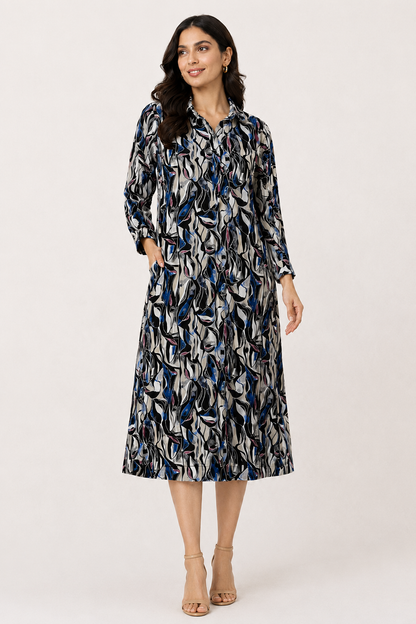 Multi Colour Printed Midi Shirt Dress with Pockets (100% Viscose)