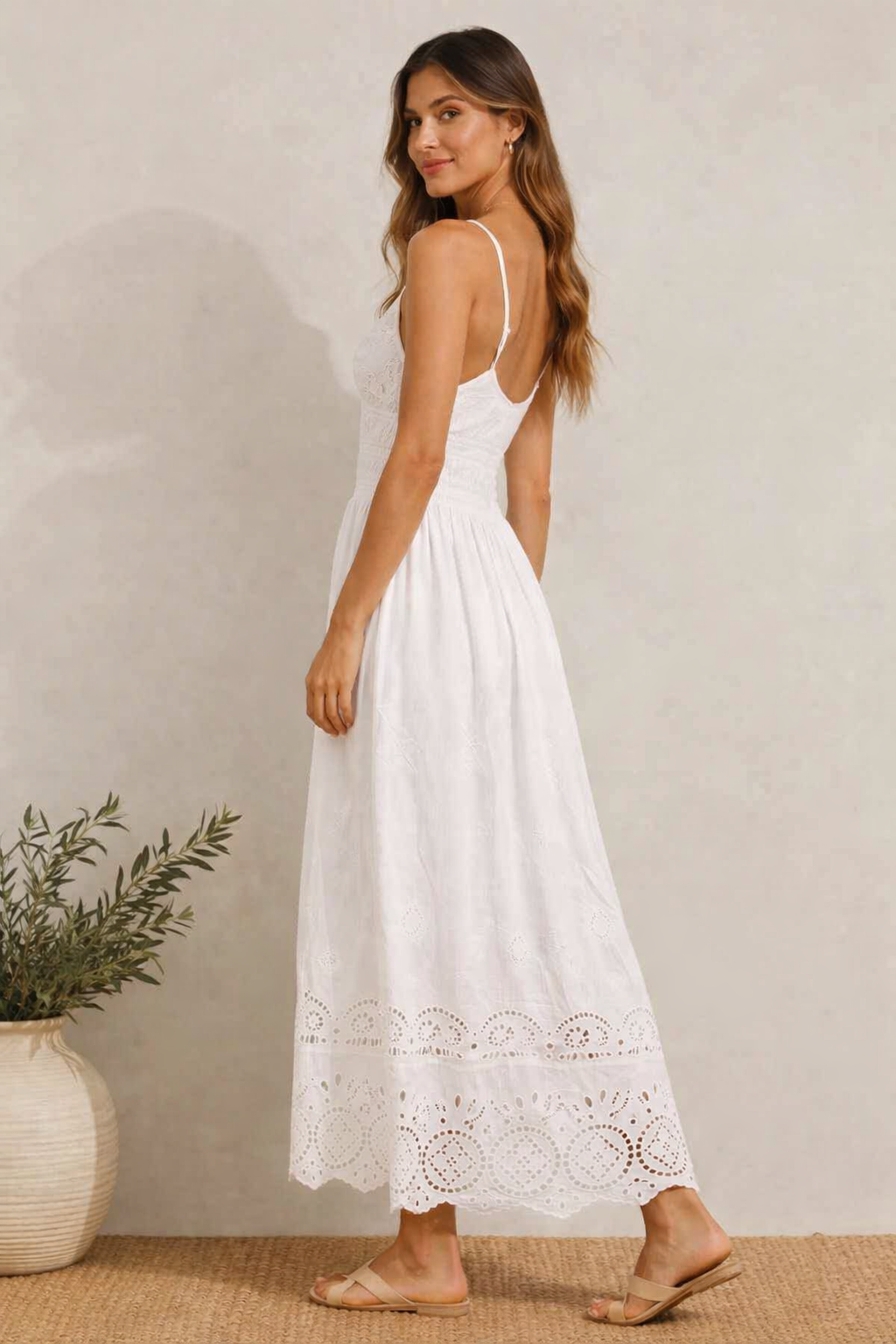 White Cotton Maxi Dress | Sleeveless V-Neck Smocked Waist Summer Dress with Inner