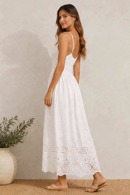 White Cotton Maxi Dress | Sleeveless V-Neck Smocked Waist Summer Dress with Inner