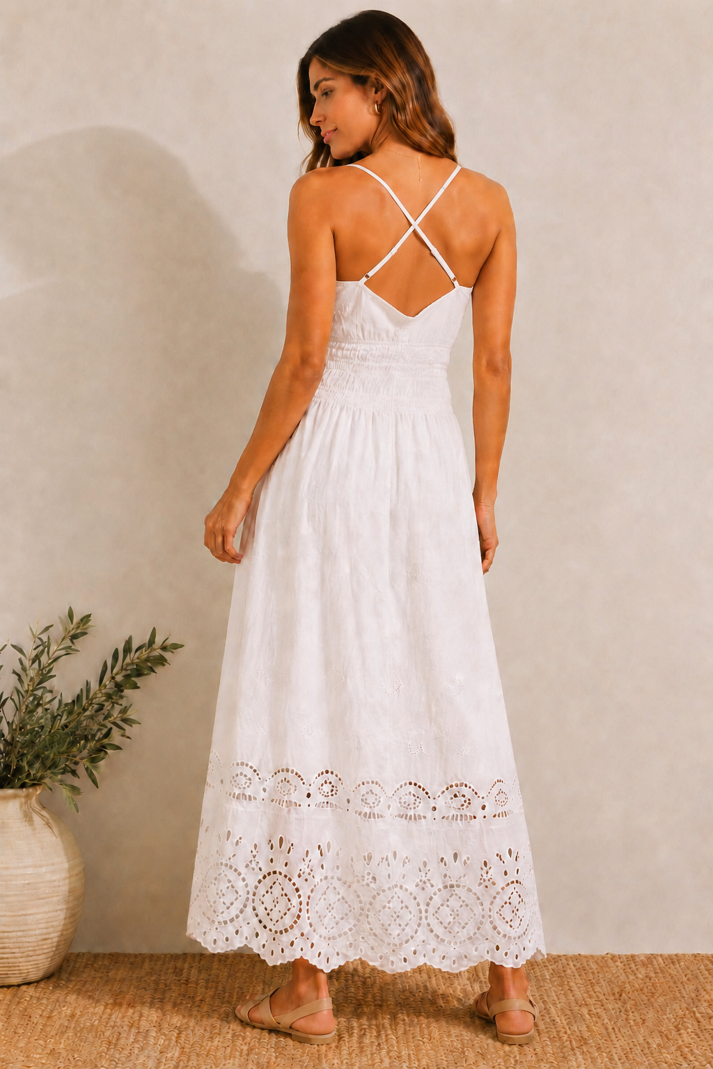 White Cotton Maxi Dress | Sleeveless V-Neck Smocked Waist Summer Dress with Inner