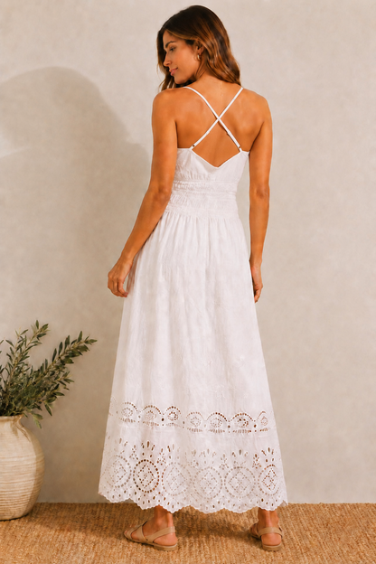 White Cotton Maxi Dress | Sleeveless V-Neck Smocked Waist Summer Dress with Inner