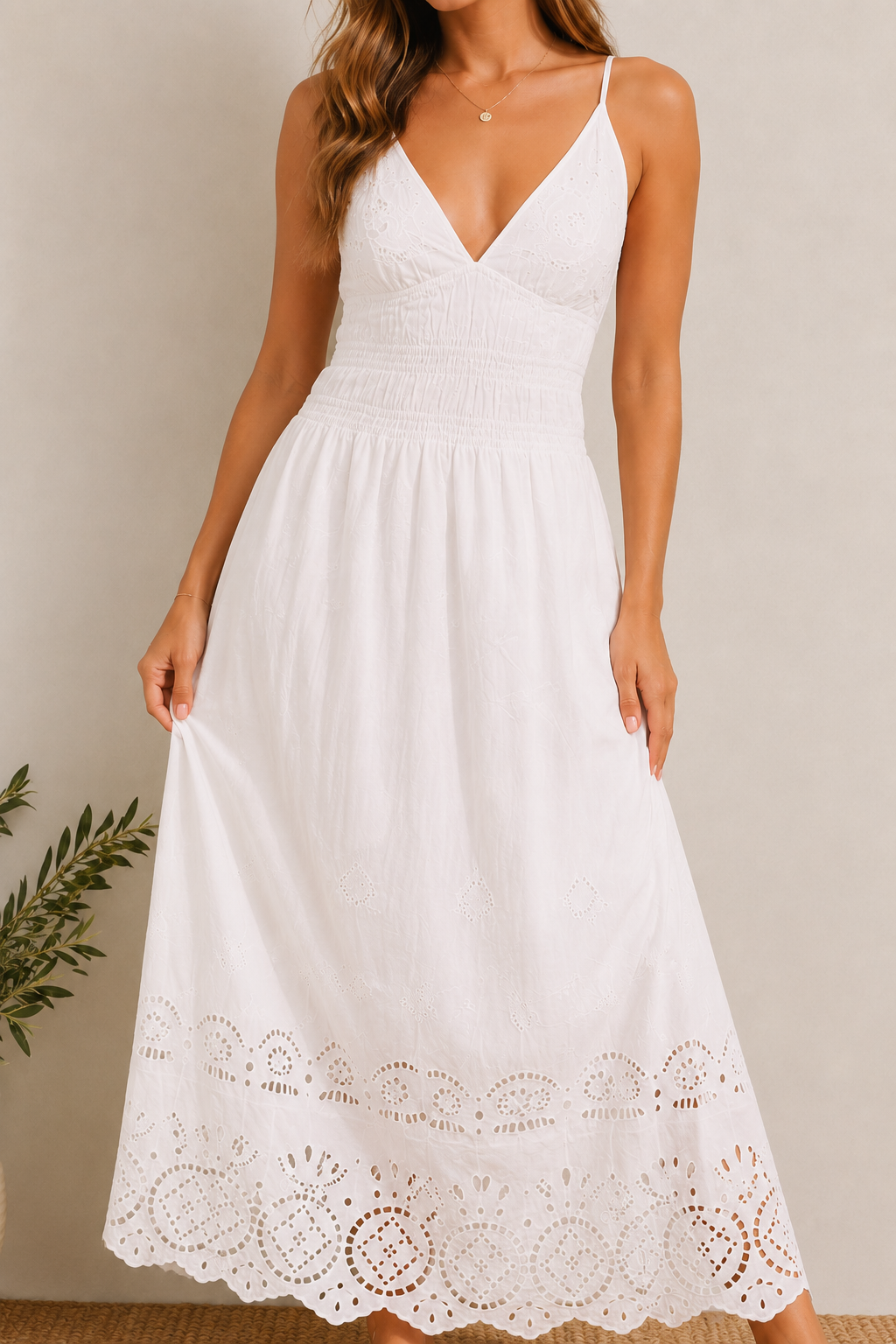 White Cotton Maxi Dress | Sleeveless V-Neck Smocked Waist Summer Dress with Inner