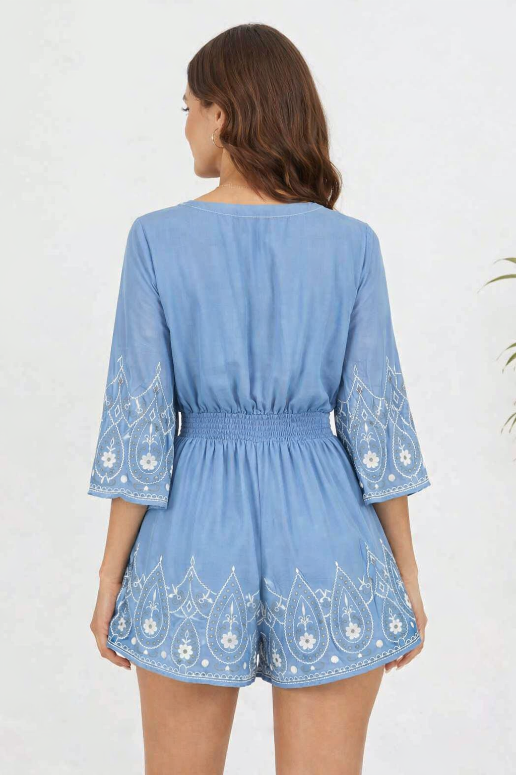 Light Blue Polyester Jumpsuit | V-Neck 3/4 Sleeve Printed Fit & Flare Playsuit
