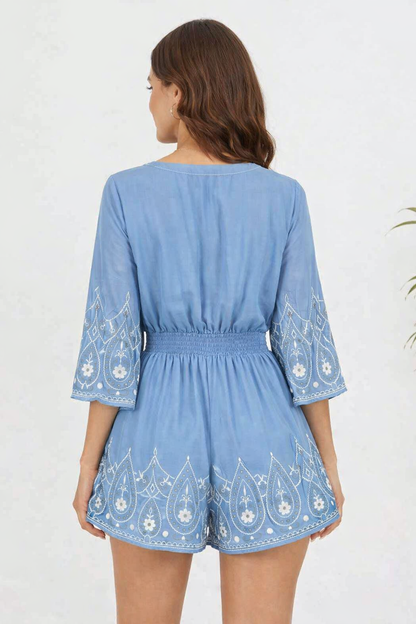 Light Blue Polyester Jumpsuit | V-Neck 3/4 Sleeve Printed Fit & Flare Playsuit
