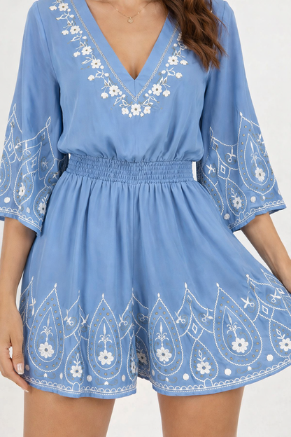 Light Blue Polyester Jumpsuit | V-Neck 3/4 Sleeve Printed Fit & Flare Playsuit