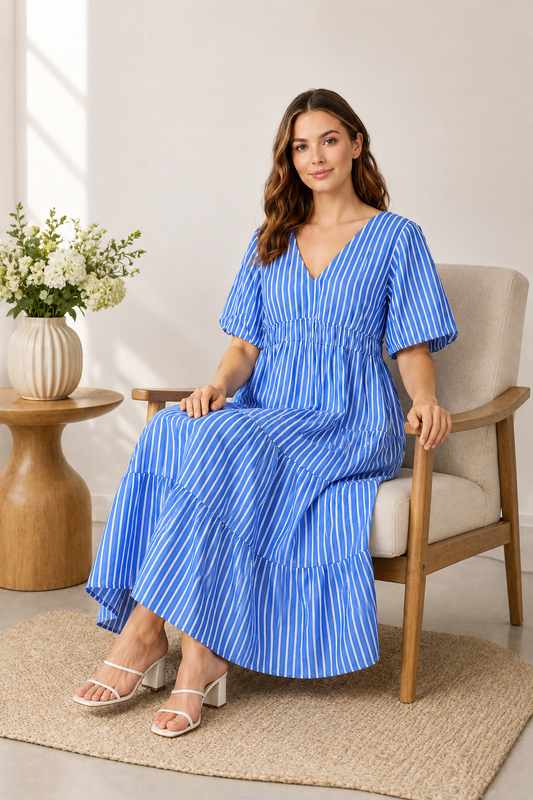 Blue Striped Cotton Dress | V-Neck Loose Fit Casual Dress | Short Sleeve Summer Dress