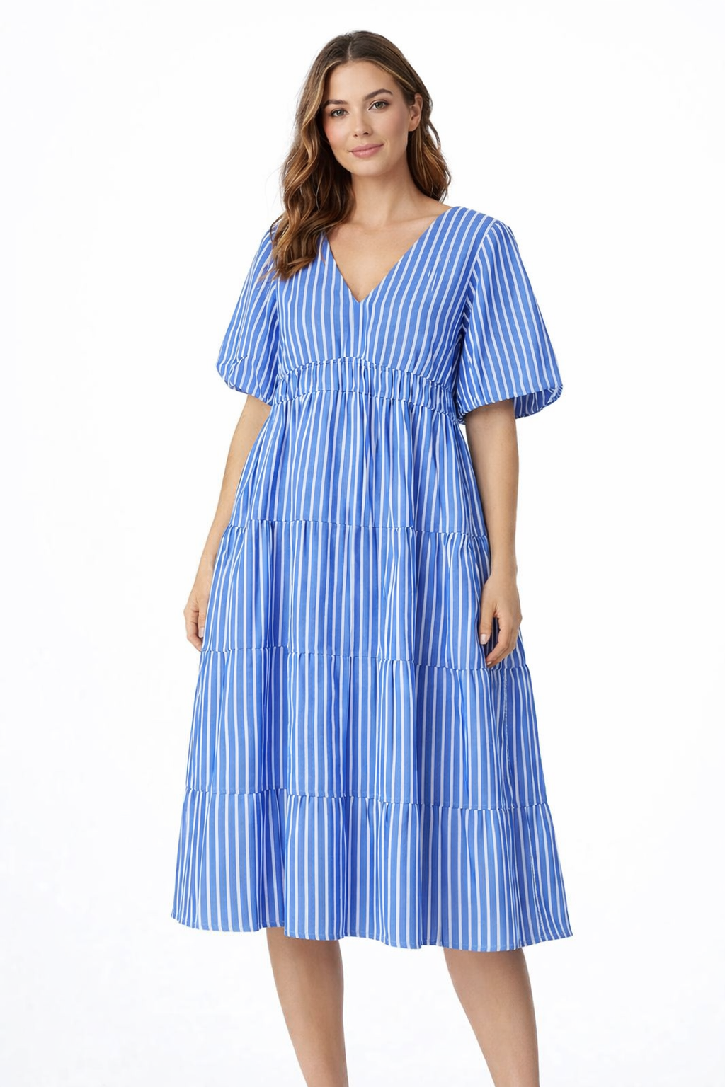 Blue Striped Cotton Dress | V-Neck Loose Fit Casual Dress | Short Sleeve Summer Dress