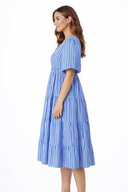 Blue Striped Cotton Dress | V-Neck Loose Fit Casual Dress | Short Sleeve Summer Dress