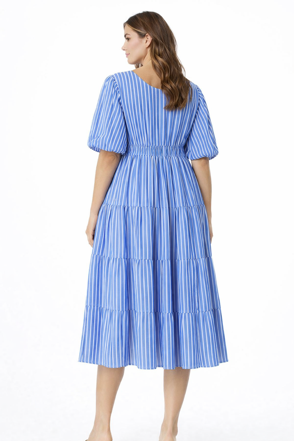 Blue Striped Cotton Dress | V-Neck Loose Fit Casual Dress | Short Sleeve Summer Dress