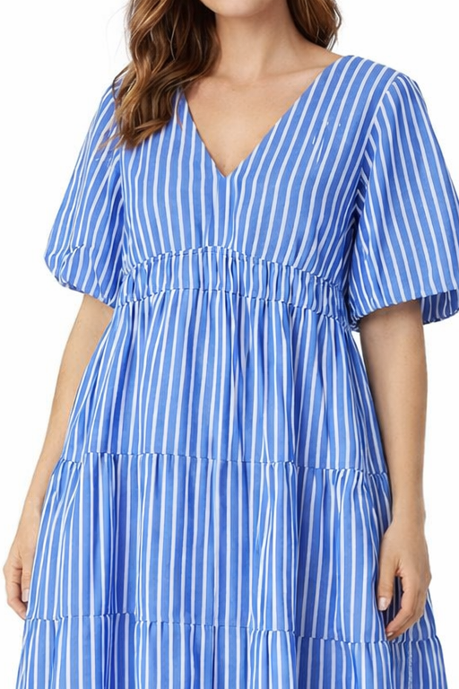 Blue Striped Cotton Dress | V-Neck Loose Fit Casual Dress | Short Sleeve Summer Dress