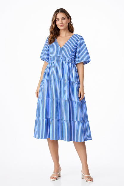 Blue Striped Cotton Dress | V-Neck Loose Fit Casual Dress | Short Sleeve Summer Dress