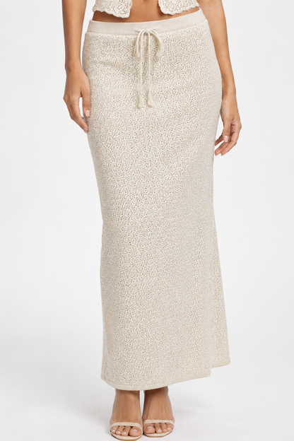 Crochet Knit Halter Neck Sleeveless Crop Top with Skirt Co-Ord Set (White, 100% Cotton)