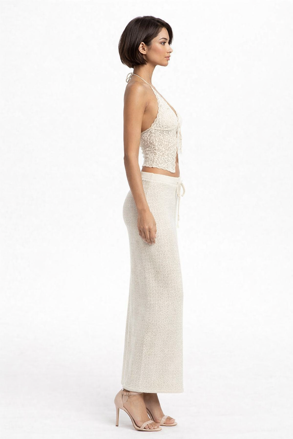 Crochet Knit Halter Neck Sleeveless Crop Top with Skirt Co-Ord Set (White, 100% Cotton)