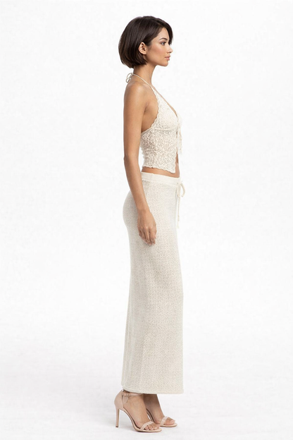 Crochet Knit Halter Neck Sleeveless Crop Top with Skirt Co-Ord Set (White, 100% Cotton)