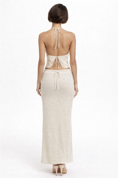Crochet Knit Halter Neck Sleeveless Crop Top with Skirt Co-Ord Set (White, 100% Cotton)