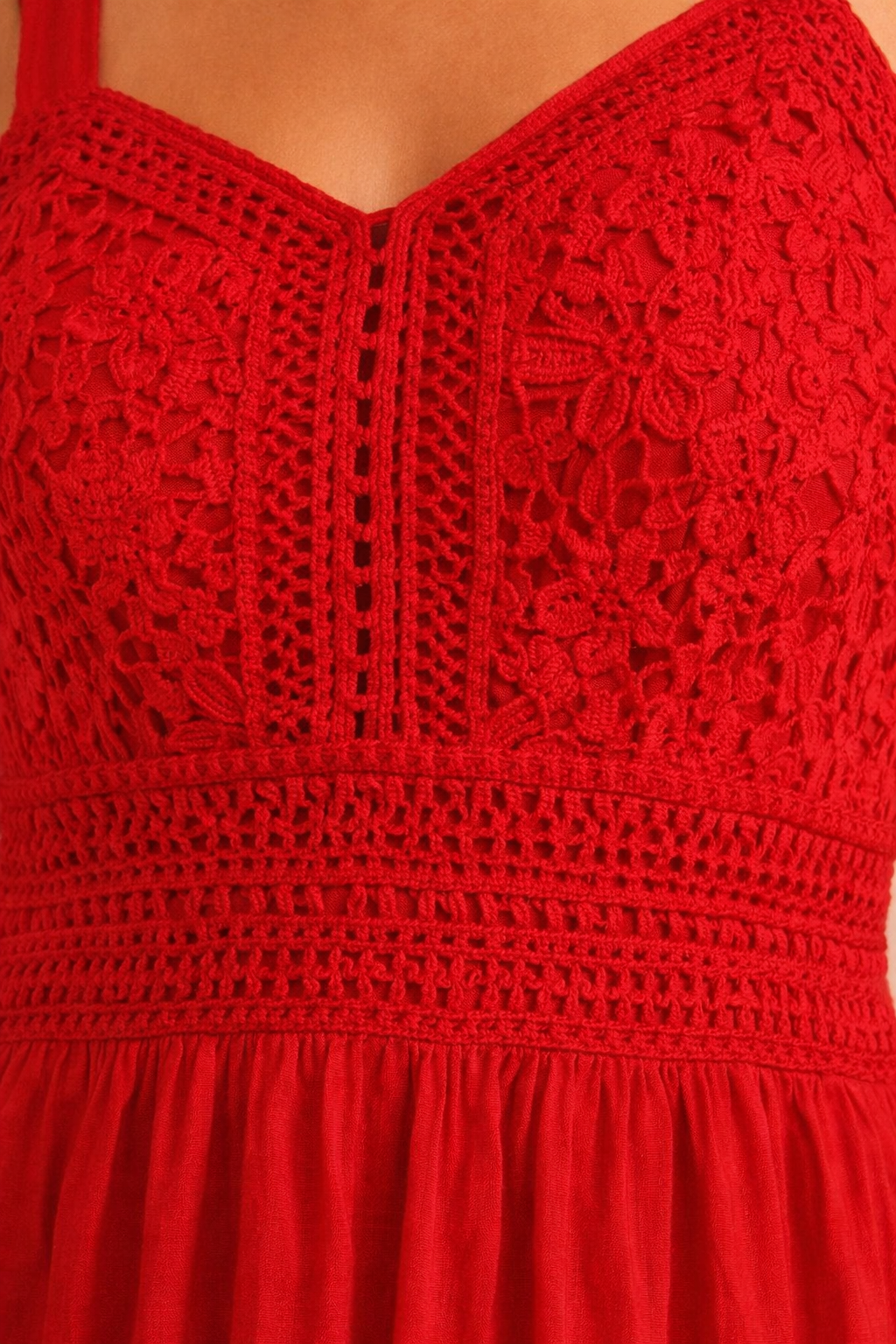 Red Lace Detail Tiered Mini Dress