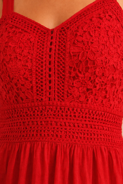 Red Lace Detail Tiered Mini Dress
