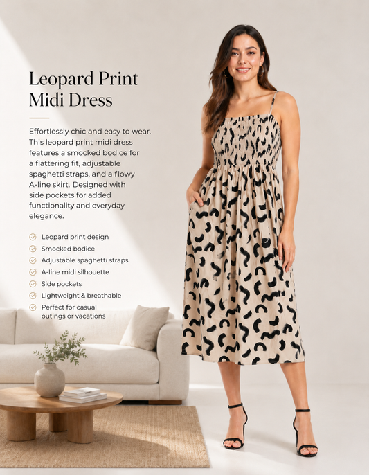 Beige Leopard Print Smocked Midi Dress