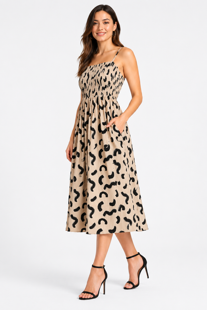 Beige Leopard Print Smocked Midi Dress